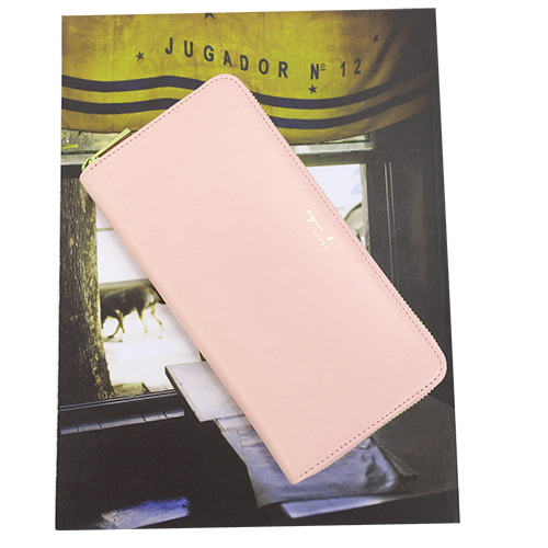 agnes b. 素面皮革ㄇ字拉鍊長夾(淺粉)