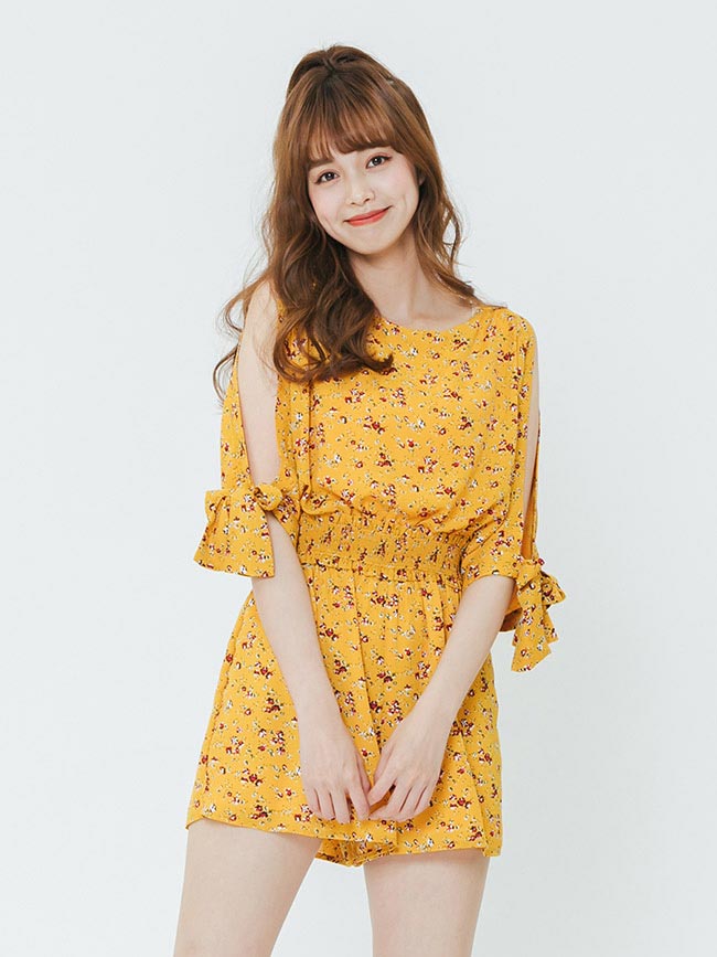 H:CONNECT 韓國品牌 女裝-削肩印花連身短褲-黃