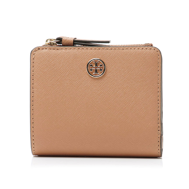 TORY BURCH 經典LOGO防刮皮革短夾(沙棕色)