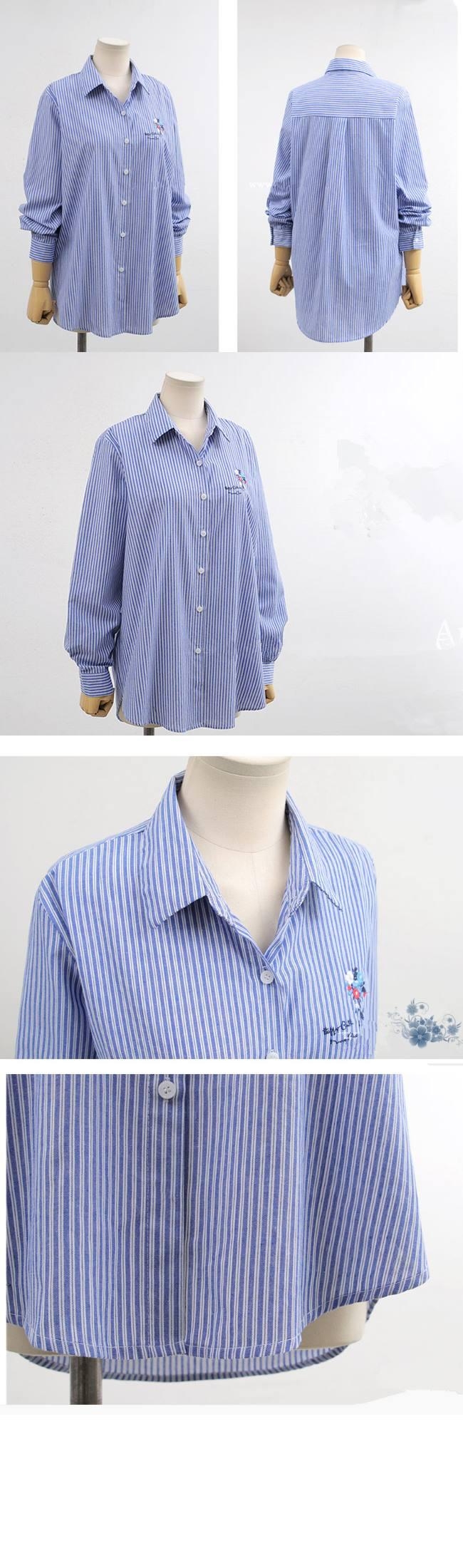 MOCO刺繡花朵藍色條紋開釦襯衫XL~4XL