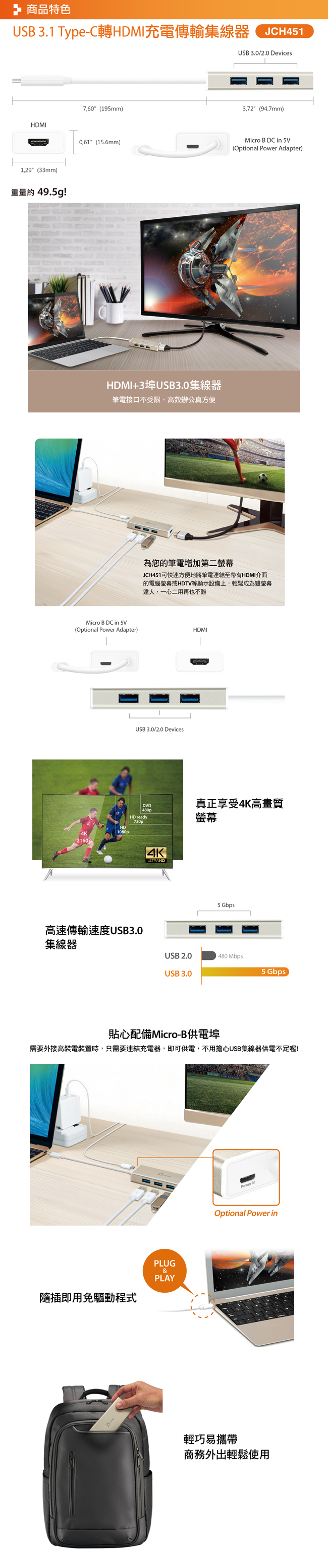 j5create USB 3.1 Type-C轉HDMI充電傳輸集線器-JCH451