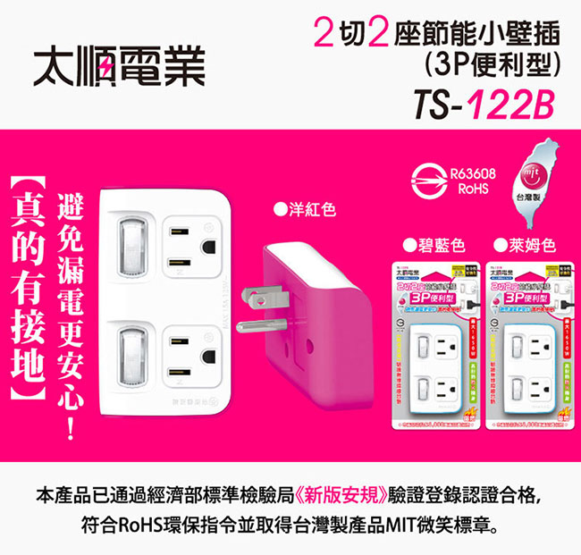 Tyson太順電業 TS-122B 2切2座 3P便利型 節能小壁插