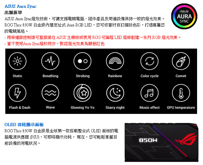 華碩 ROG-THOR-850P 白金牌全模組化電源供應器