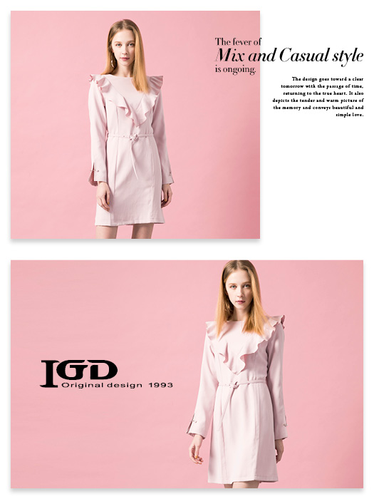 IGD英格麗 浪漫荷葉剪接洋裝-粉色