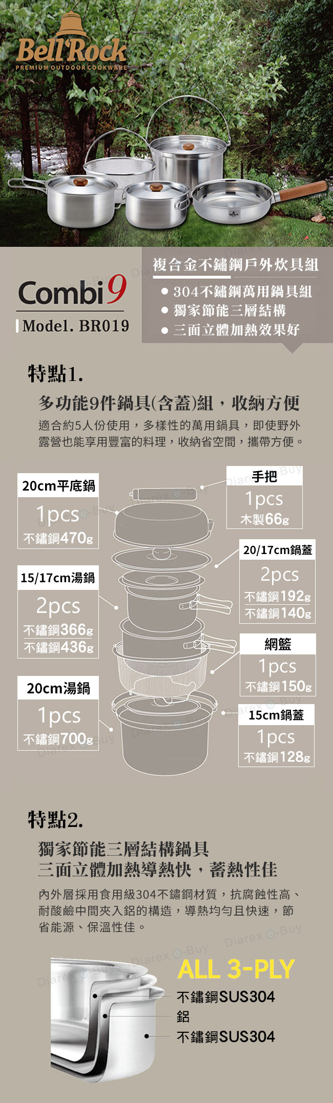 BELL ROCK 複合金不鏽鋼戶外炊具9件組COMBI9 BR-019 S/S套組