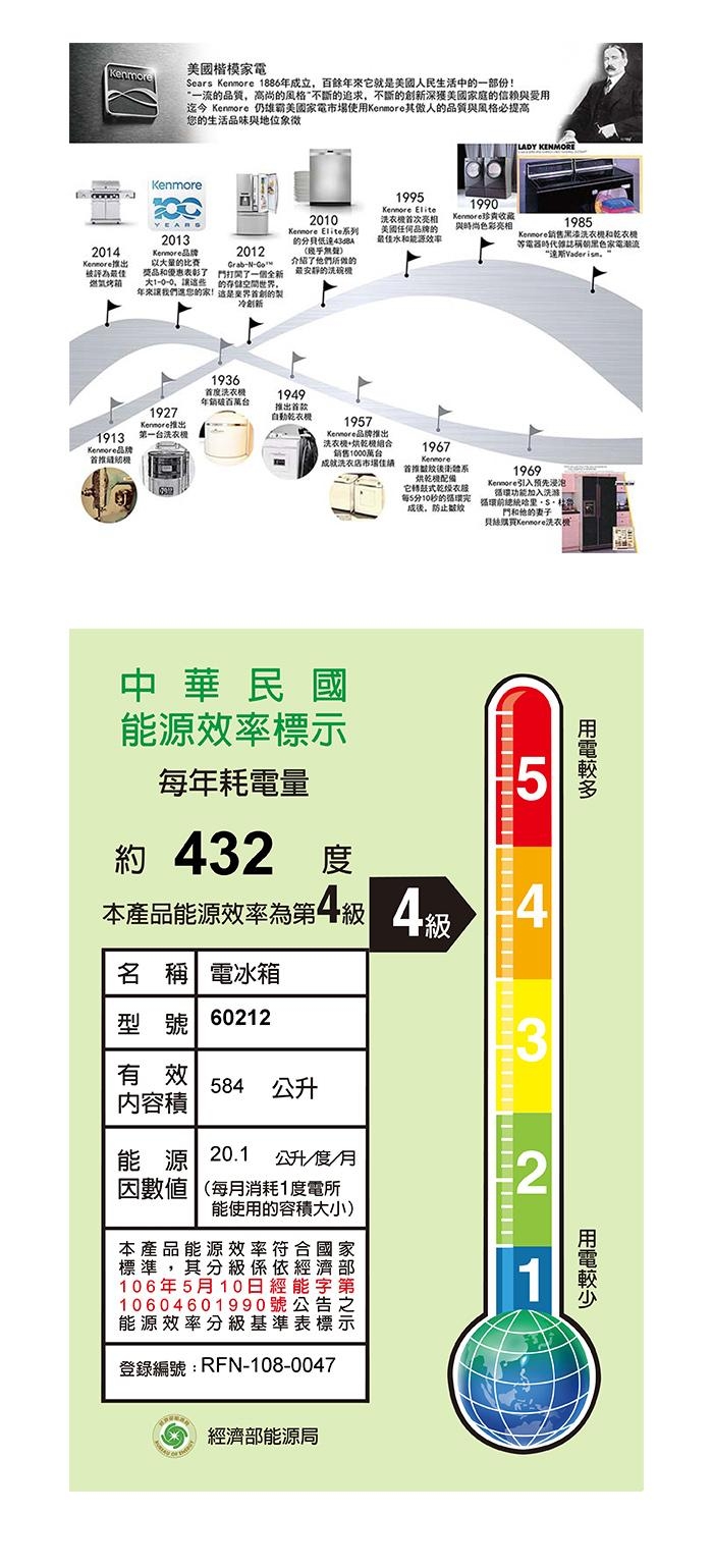 【美國楷模Kenmore】 584L 上下門冰箱-純白色 60212