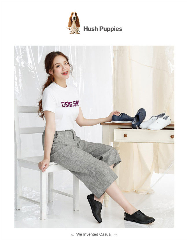 Hush Puppies 質感真皮咖啡紗帆布鞋-黑色