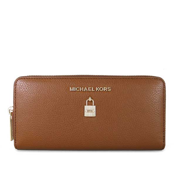 MICHAEL KORS Adele金字Logo鎖頭配飾全皮革ㄇ型拉鏈長夾(馬鞍棕色)