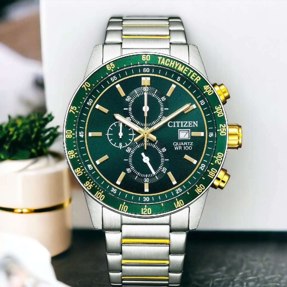 CITIZEN 星辰限量賽車三眼計時手錶男錶綠色母親節禮物44mm/AN3689-55X 