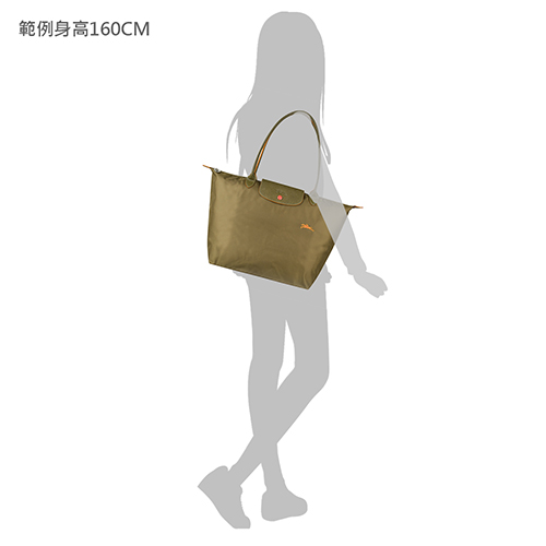 LONGCHAMP COLLECTION系列刺繡LOGO尼龍摺疊款長把手提包(大/卡其x橘