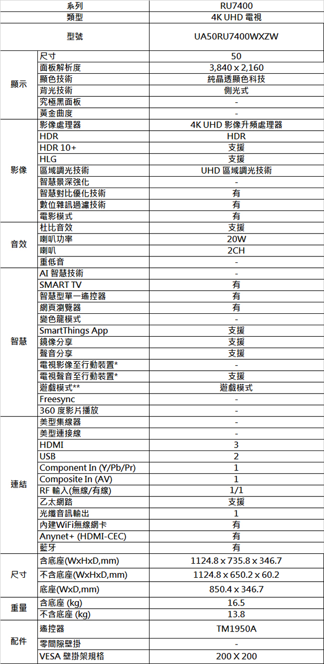 SAMSUNG三星 50吋 4K UHD連網液晶電視 UA50RU7400WXZW