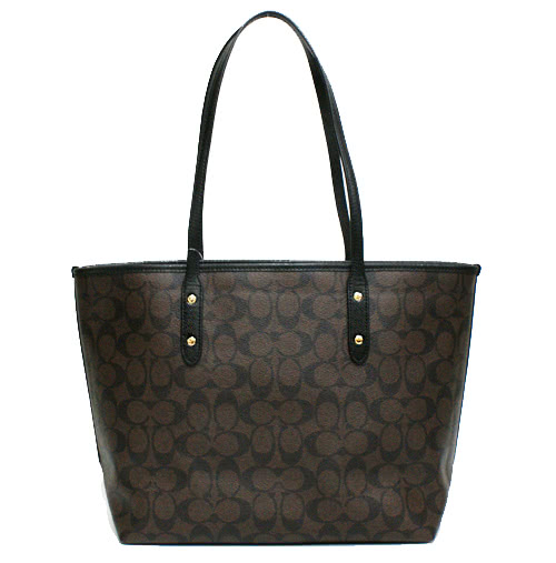 COACH 金屬馬車LOGO防刮PVC皮革肩背大托特包(深咖)