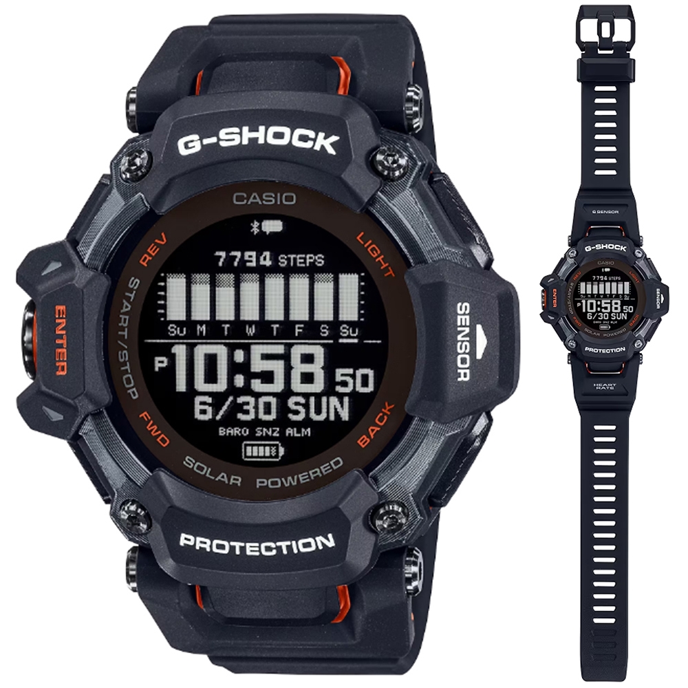 CASIO 卡西歐G-SHOCK G-SQUAD 太陽能藍芽GPS心率監測多功能運動錶-黑橘