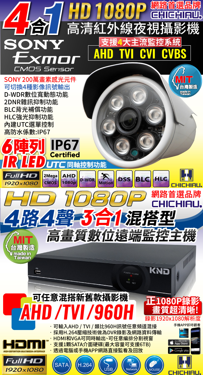 奇巧 4路1080P台製KND單硬碟款主機-含四合一SONY 200萬攝影機x4