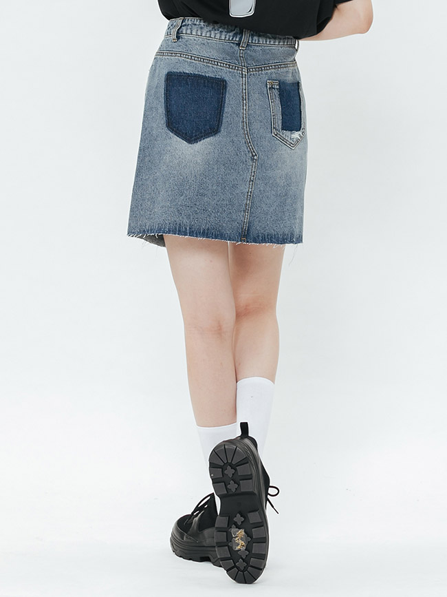 H:CONNECT 韓國品牌 女裝-不對稱拼接口袋牛仔裙-藍