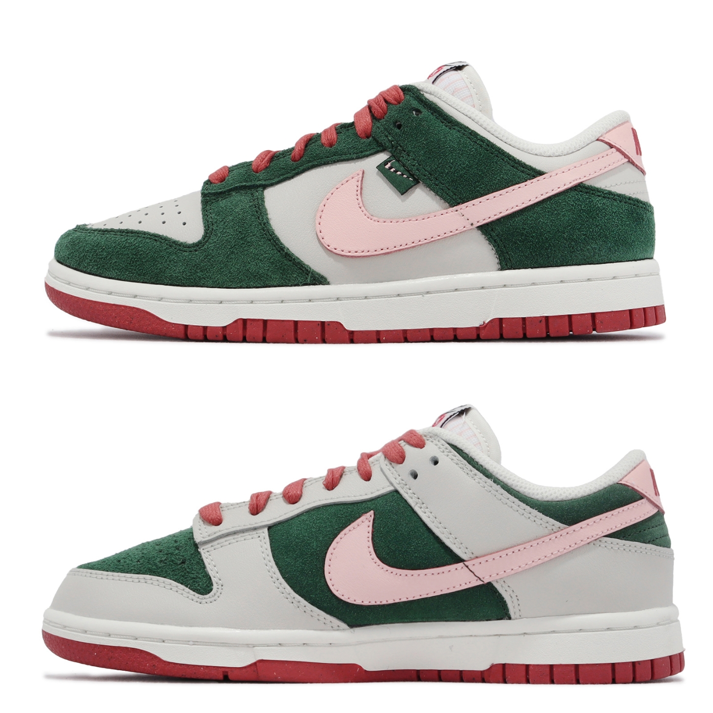 Nike 休閒鞋Wmns Dunk Low SE 女鞋綠米白粉鴛鴦皮革麂皮低筒 