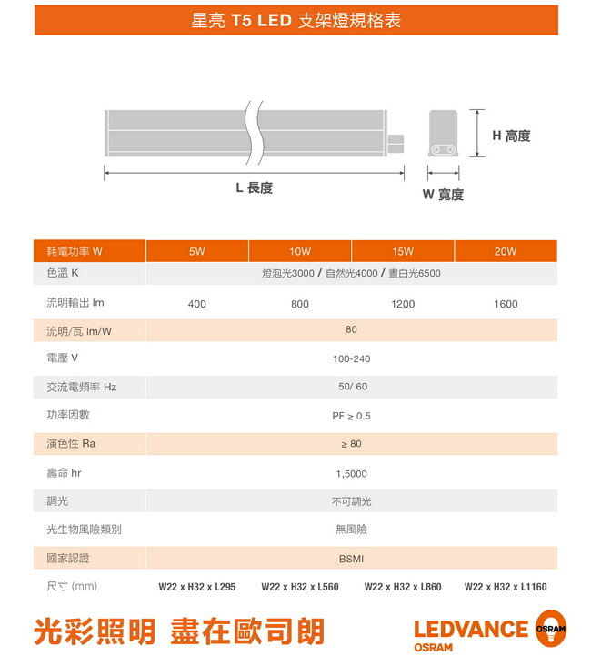 歐司朗OSRAM LEDVANCE 星亮 1尺5W LED支架燈-黃光4入組