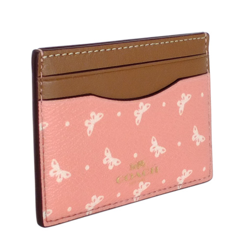 COACH粉紅蝴蝶圖騰拼接駝邊真皮雙面名片/票卡夾