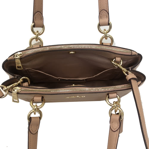 COACH 立體金屬LOGO全皮革手提斜背兩用小方包托特包(中款-粉膚)