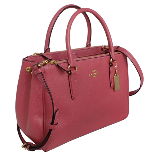 COACH SURREY梅紅防刮全皮雙拉鍊袋手提/肩斜背包