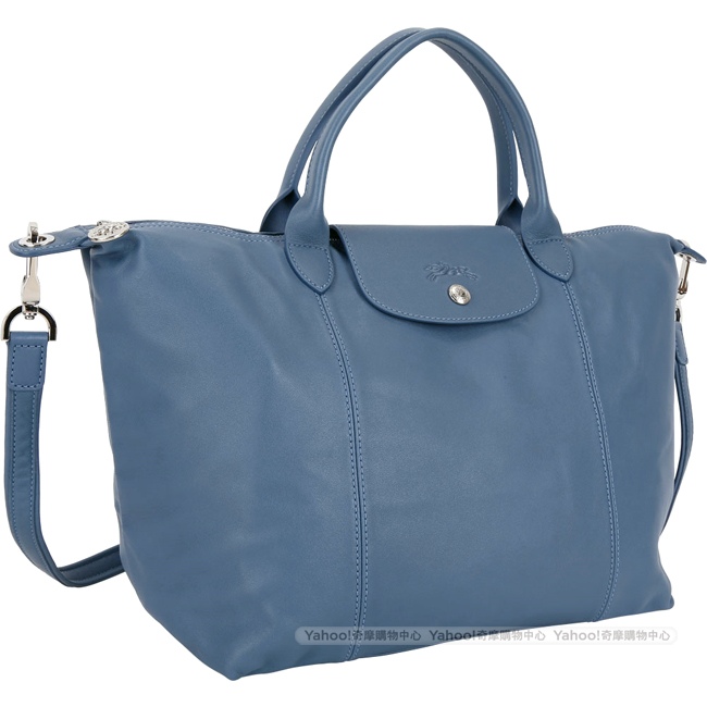 LONGCHAMP Le pliage Cuir 中型短提把羊皮摺疊兩用包(機師藍)