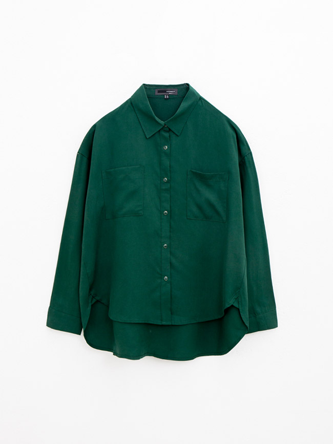 H:CONNECT 韓國品牌 女裝-下擺造型雙口袋襯衫-綠