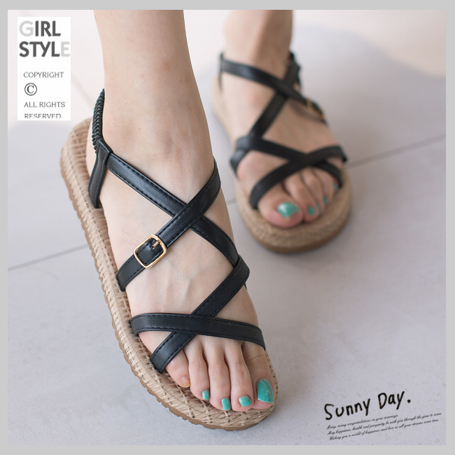 River&Moon夏日麻編幾何交叉線條平底涼鞋-黑