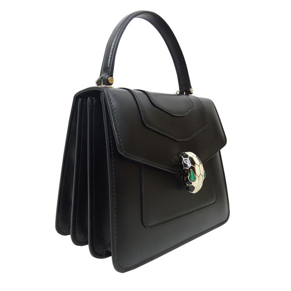 BVLGARI Serpenti系列牛皮琺瑯蛇頭釦環三層手提/肩背包(黑色)