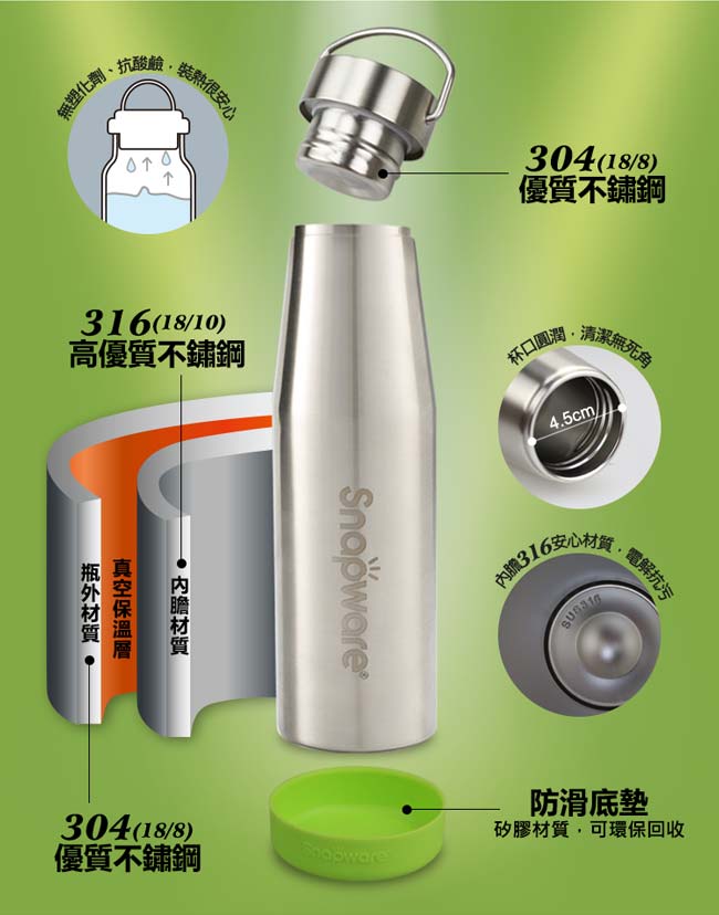 康寧Snapware 316不鏽鋼戶外超真空保溫瓶(含底部膠套)540ml-三色可選