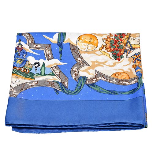 HERMES CAVALIERS DES NUAGES系列雲端騎士圖騰絲質方巾/披巾-蔚藍