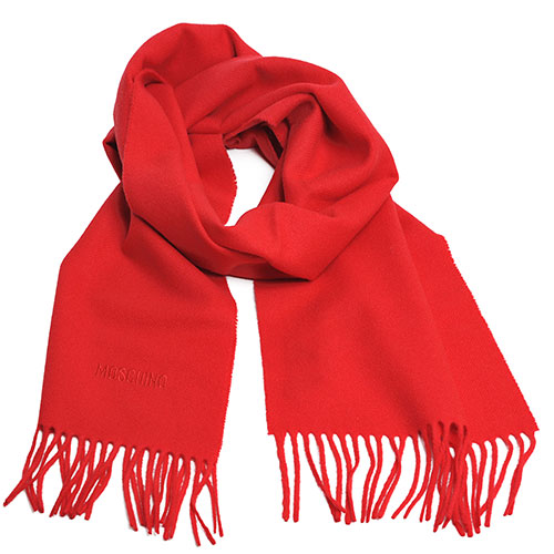 MOSCHINO 義大利製美麗諾羊毛字母LOGO刺繡高質感羊毛圍巾(紅)