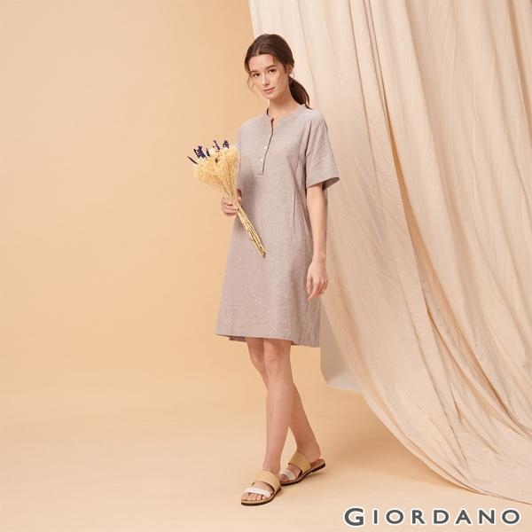 GIORDANO 女裝自然棉麻系列亨利領短袖連身裙-02 淺灰