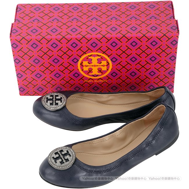 TORY BURCH Liana 鑽飾盾牌納帕皮革娃娃鞋(深藍色)