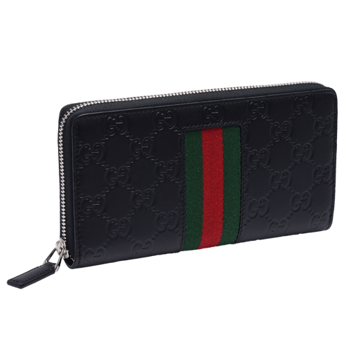 GUCCI 經典Signature系列GG壓紋綠紅綠織帶拉鍊長夾(黑)