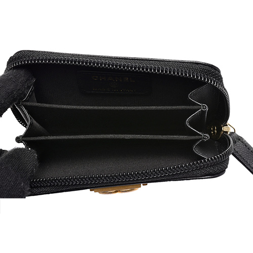 CHANEL BOY系列經典菱格紋小羊皮小香LOGO仿舊金釦拉鍊零錢包(黑)