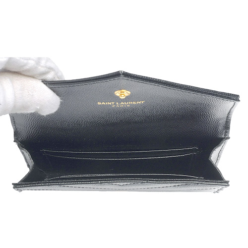 YSL MONOGRAM系列V字縫線魚子醬牛皮金色金屬LOGO暗釦零錢包(霾灰)