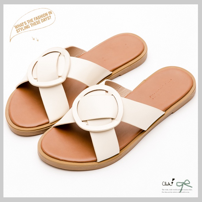 River&Moon中大尺碼-交叉皮革大圓釦平底涼拖鞋-米