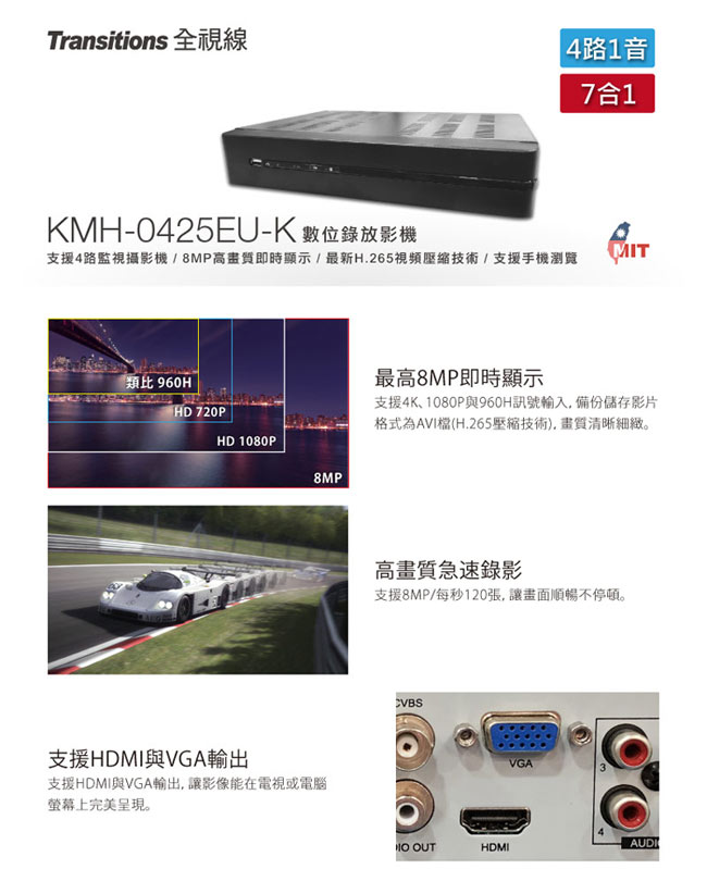 全視線 KMH-0425EU-K 4路1音 7合1 台灣製造 數位監視監控錄影主機