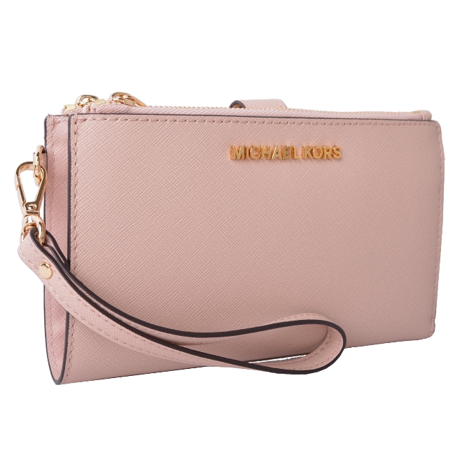 MICHAEL KORS JET SET金字LOGO防刮皮革雙層手拿長夾-芭蕾粉