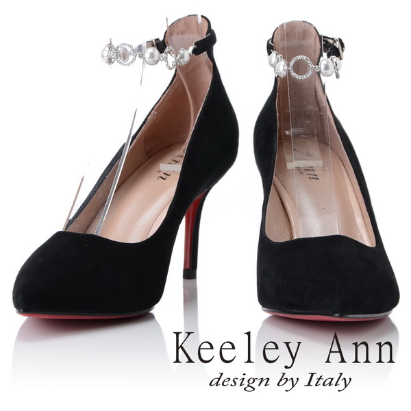 Keeley Ann 高貴典雅~寶石腳踝釦帶全真皮尖頭高跟鞋(黑色-Ann)
