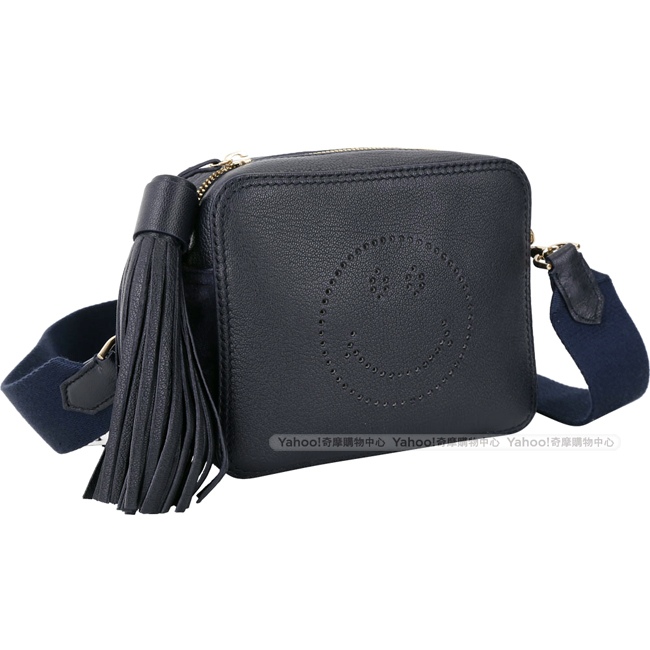 ANYA HINDMARCH Smiley 微笑流蘇飾拼接麂皮相機包(深藍色)