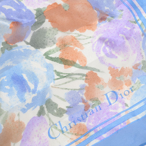 Christian Dior 日本製繽紛花朵LOGO圖騰100%絲質大絲巾(藍色系)