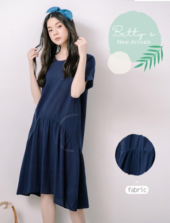 betty’s貝蒂思　圓領素色袖口反摺洋裝(深藍)