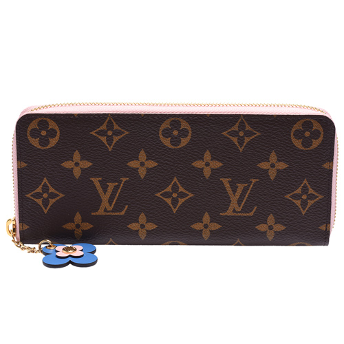 LV M63896經典Clemence系列Monogram帆布花卉吊飾拉鍊長夾(芭蕾粉色)