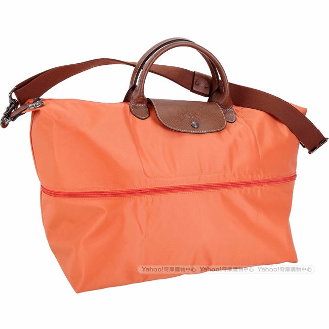 LONGCHAMP Le pliage 拉鍊伸縮尼龍兩用旅行袋(赤橙色)