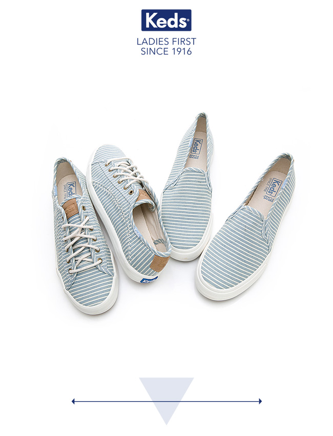 Keds KICKSTART 海洋風條紋綁帶帆布鞋-藍