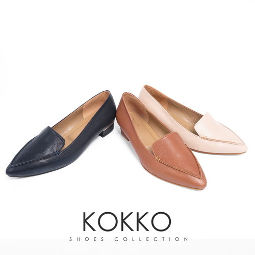KOKKO -美好時光尖頭手工羊皮樂福平底鞋-簡約米