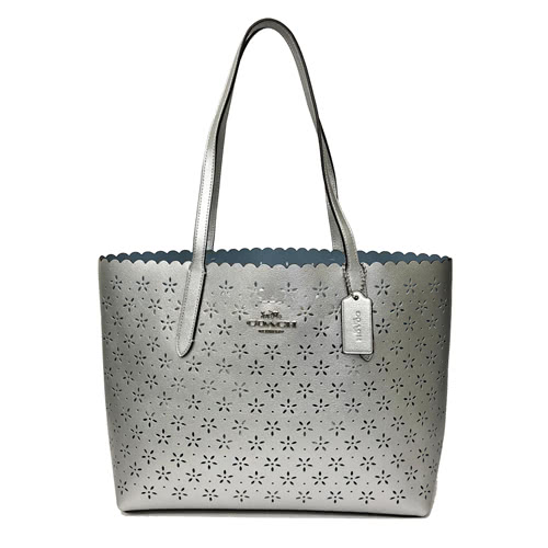 COACH 經典LOGO滿版簍空雕花皮革手提肩背兩用大托特包(銀色)