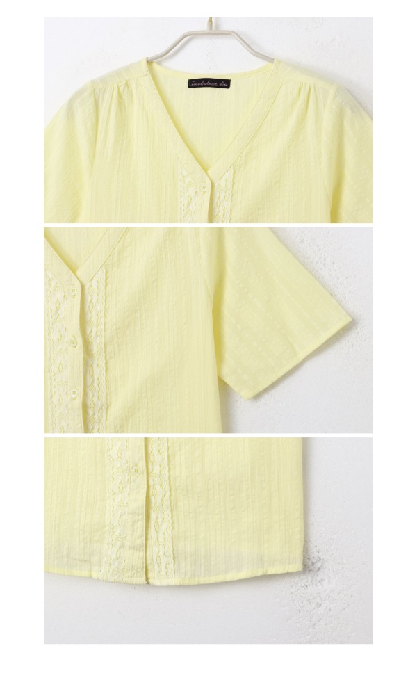 純色變化織紋綴緹花布排釦V領上衣-OB大尺碼