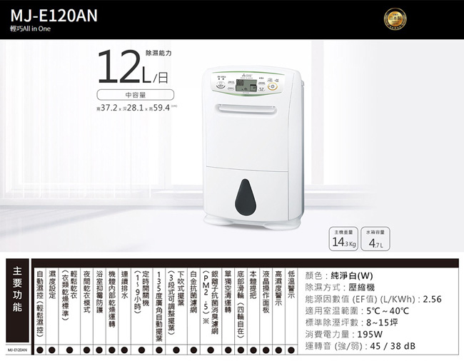 Mitsubishi三菱 12L 1級旗艦機能精巧機身清淨除濕機 MJ-E120AN 日本製